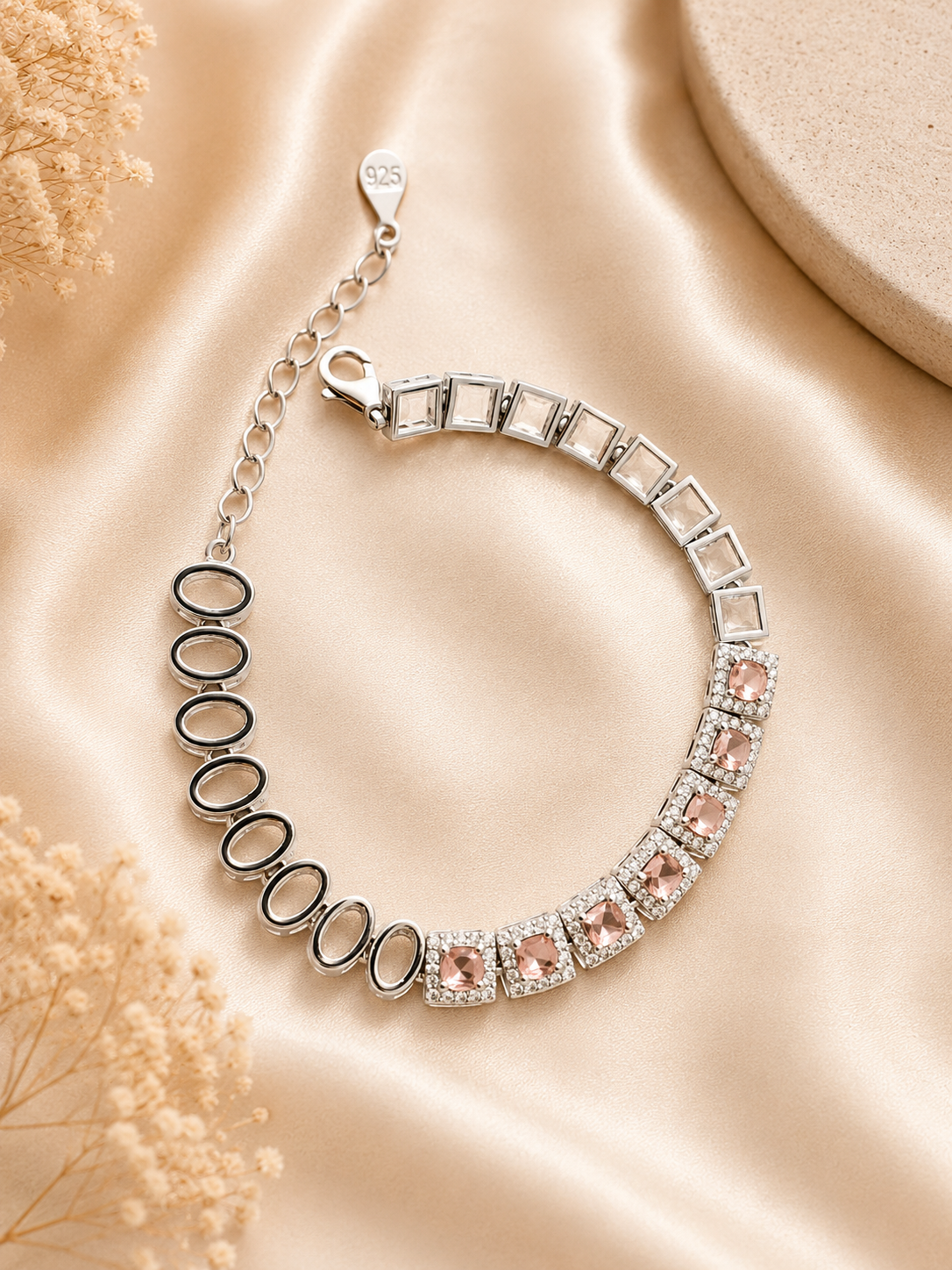 Silver Designer Bracelet with Pink Diamonds